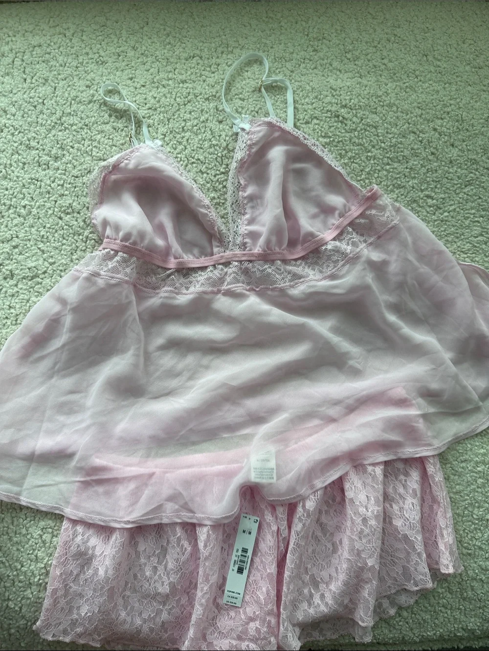 PINK Victoria's Secret Light Pink Lace-Trim Camisole & Shorts Set Size M